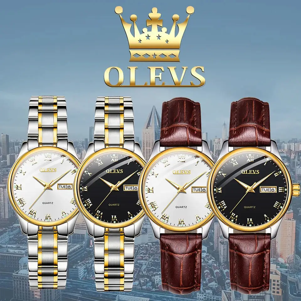 OLEVS Fashion Quartz Watch for Women Stainless Steel Dual Calendar Dial Waterproof Luminous Casual Elegant Ladies Wristwatches