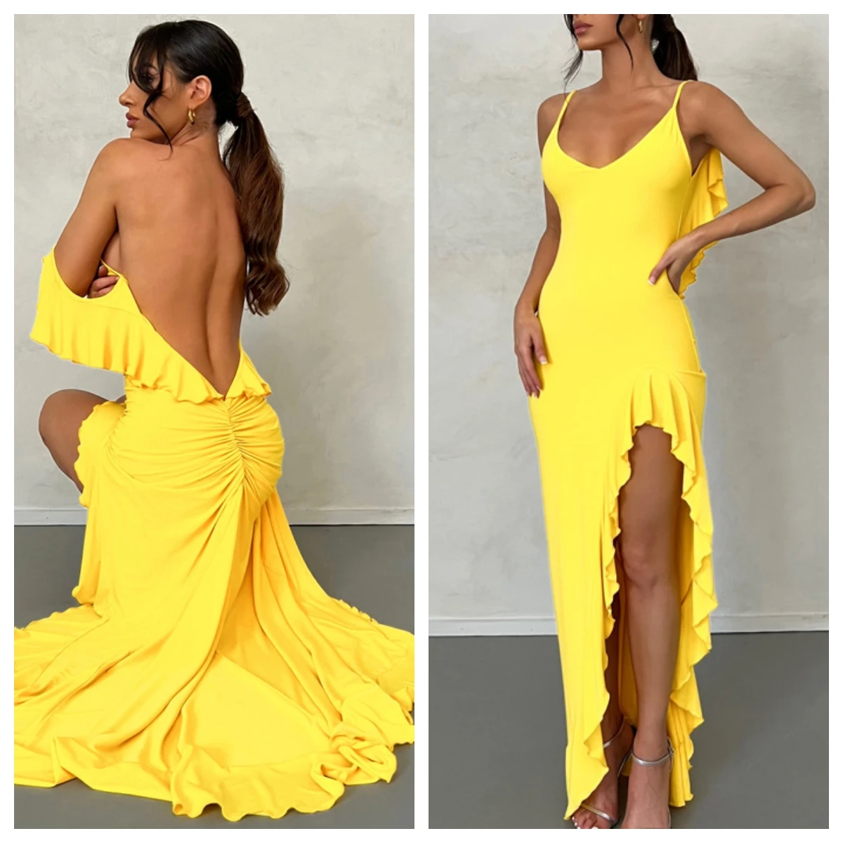 

Women Elegant Slips Backless Red Long Dress Solid Ruffles Irregular Sexy Slim Maxi Dress Summer Birthday Party Vacation Clothes