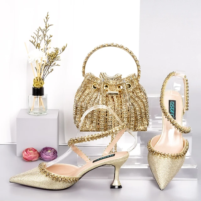 Golden New Arrivals Nigerian Women Matching Shoes and Bag Set Elegant Style  Italian Ladies Party Sandals with Shinning Crystal - AliExpress