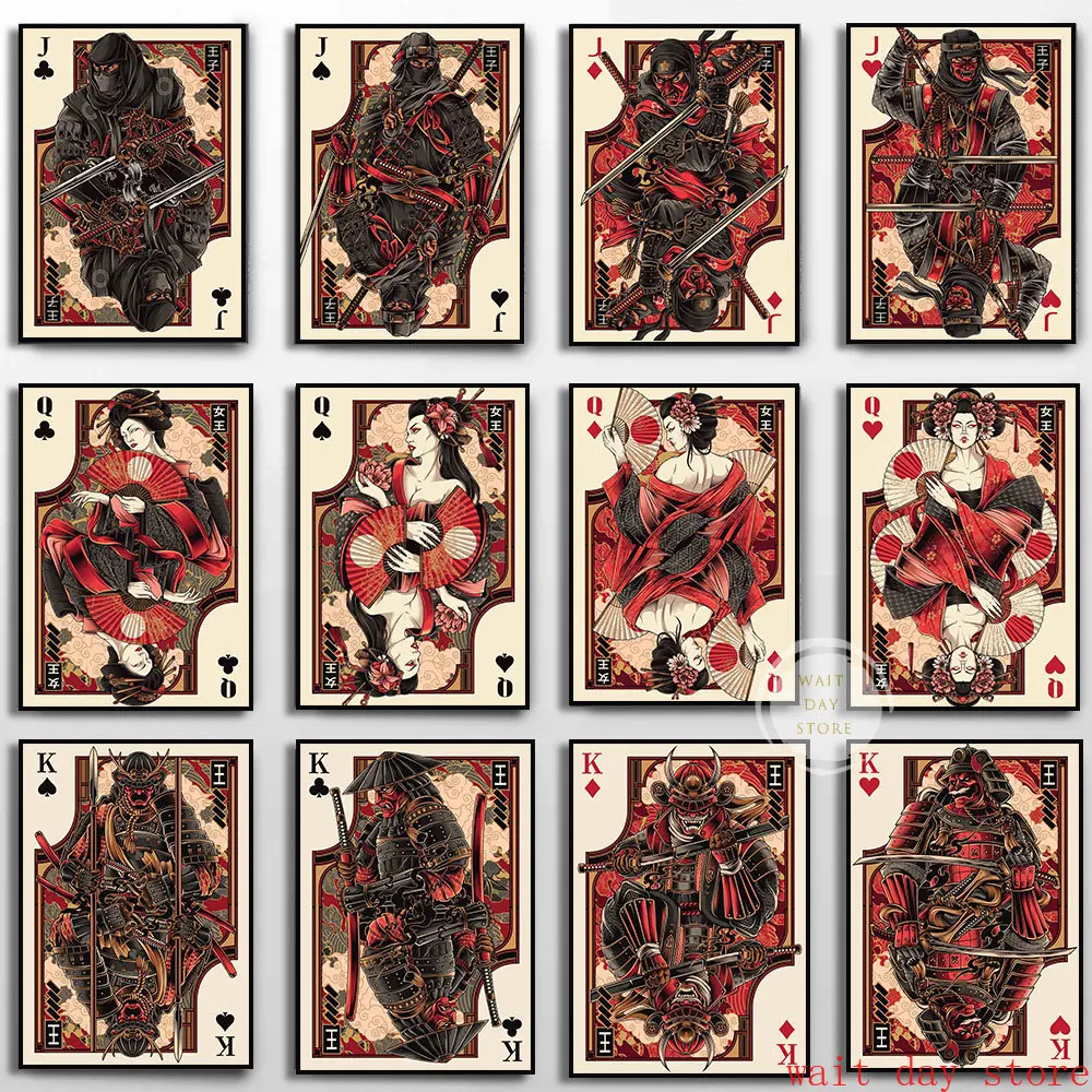 Ace Of Spade Card Poker Canvas Painting Japanese Ninja Geisha Samurai