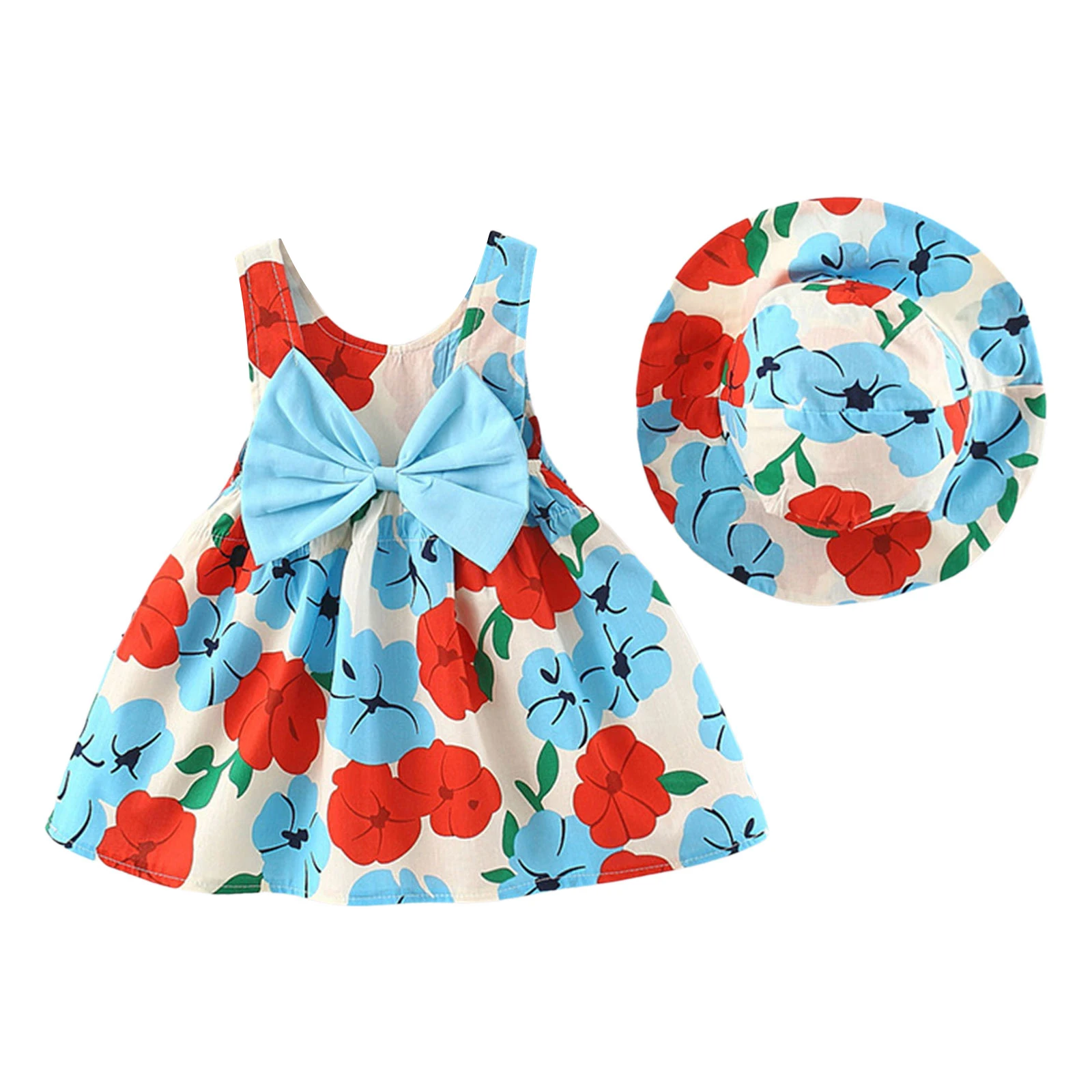 

TiaoBug Two Pieces Baby Girls Bow Knot Princess Sundress 1 to 3 Years Sleeveless Print A-line Dress with Sun Hat Set for Summer