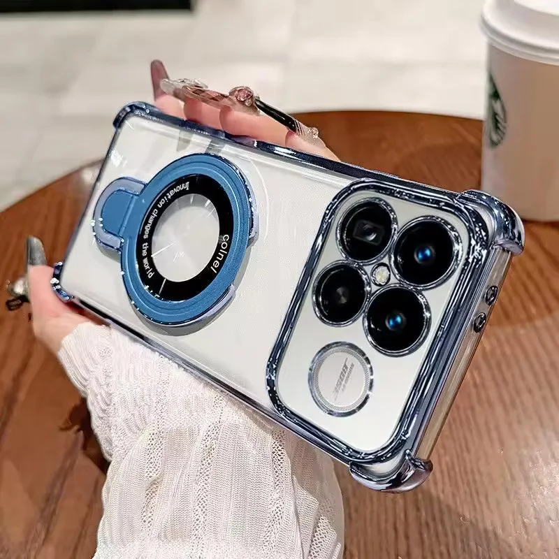 Electroplated Transparent Case with Four-Corner Stand and Magnetic Back Cover