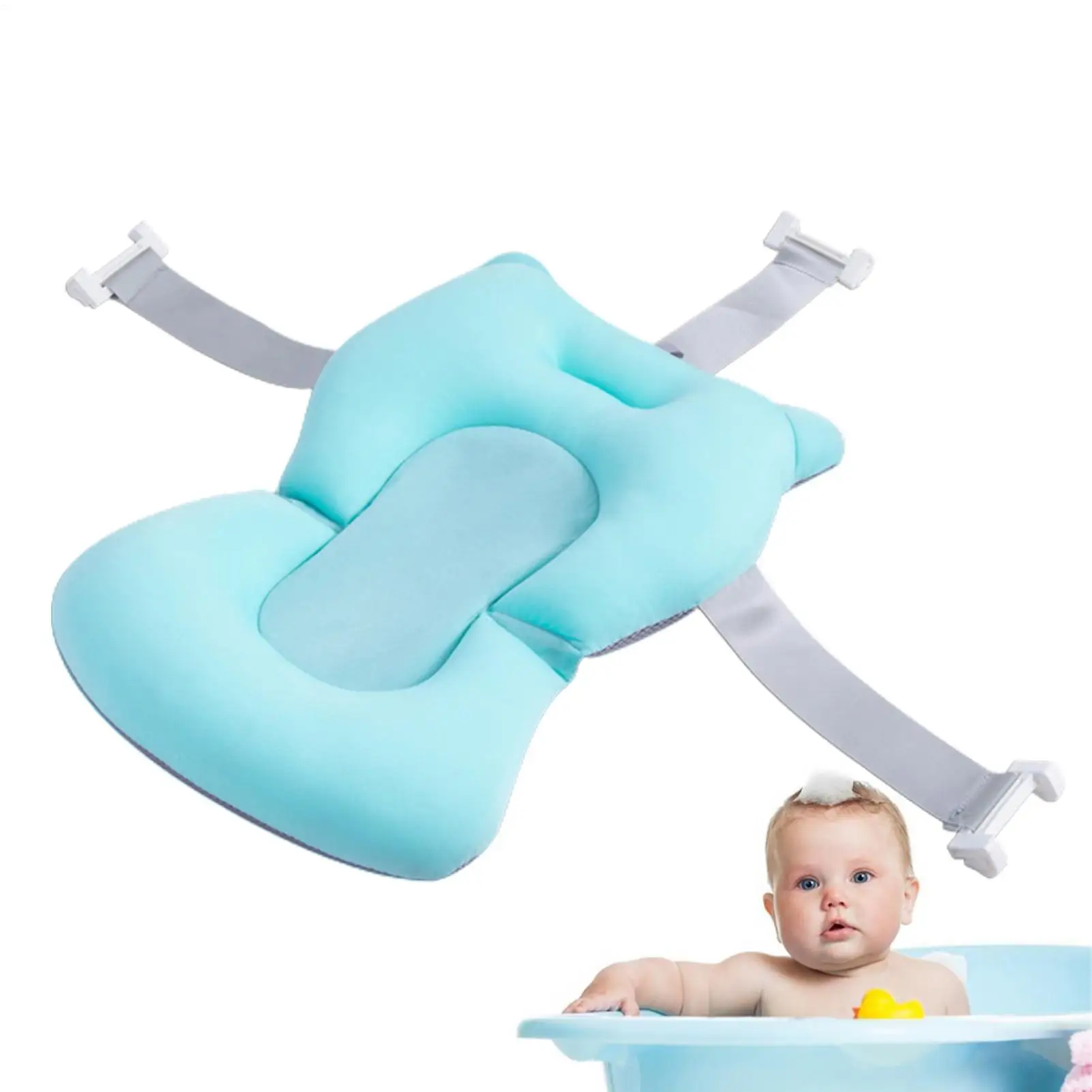 Newborn bath cushion with adjustable straps, buckles, and 3 safety locks for secure bathing.