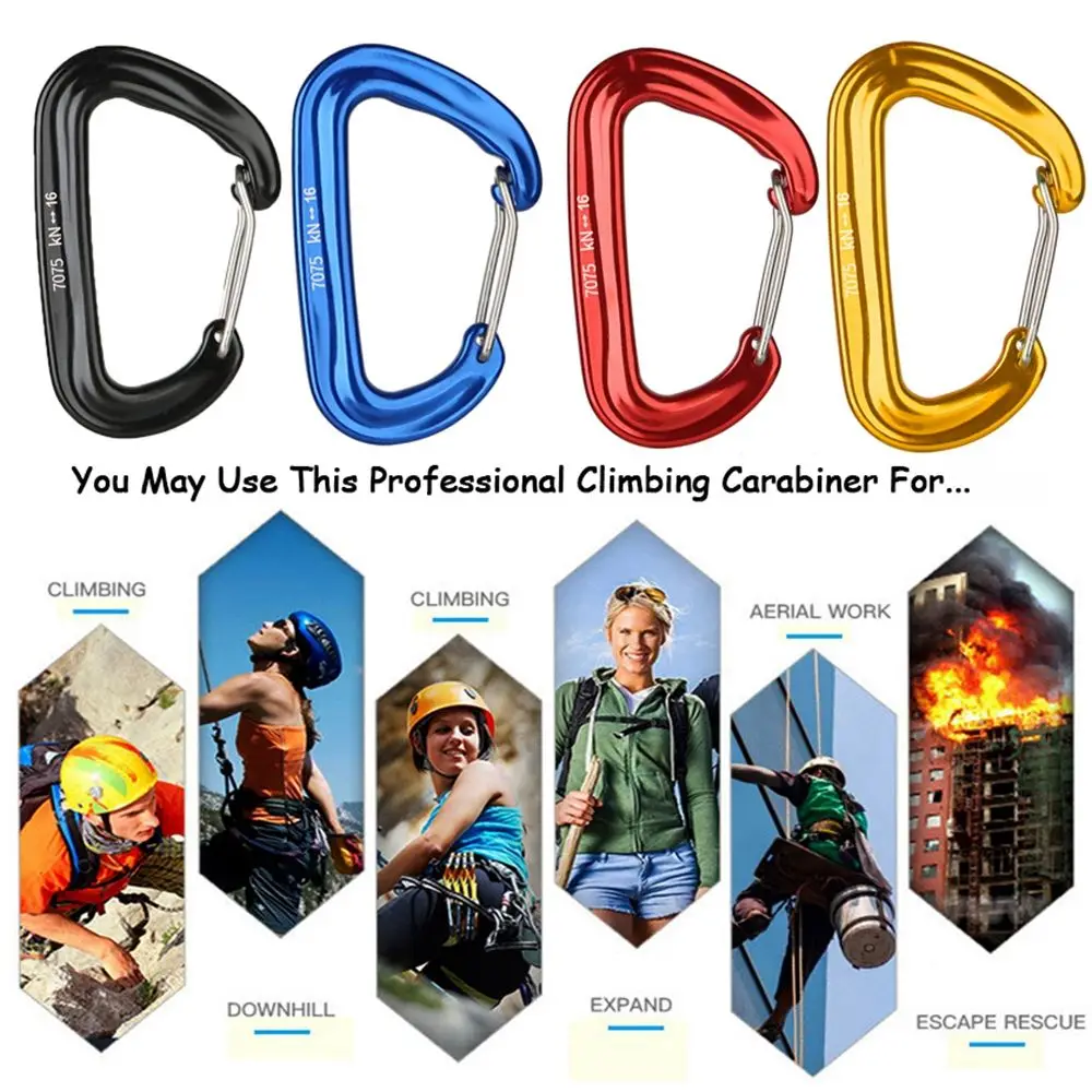 Professional Climbing Carabiner D Shape Mountaineering Buckle Hook Safety Lock Outdoor Climbing Equipment Accessory 16KN Carabiner Clips Keychain Carabiner