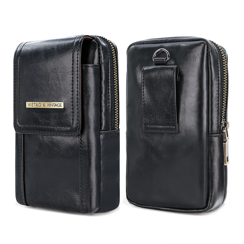 Outdoor Adventure Black PU Leather Phone Case - Vertical Large Capacity Zipper Pouch