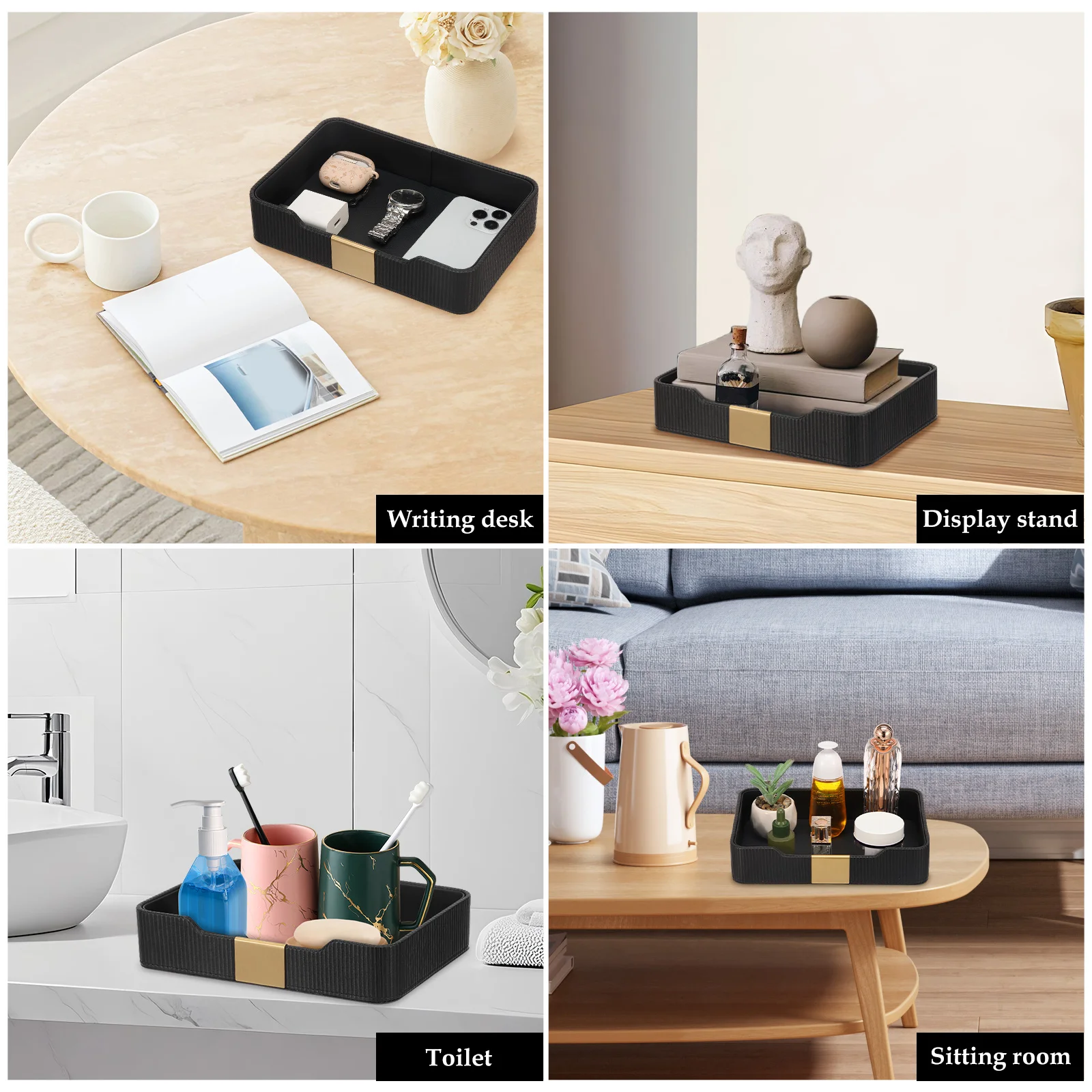 Desktop Storage Tray PU Leather Nightstand Tray Holder Entryway Key Watch Wallet Phone Storage Tray for Home Bathroom Decoration