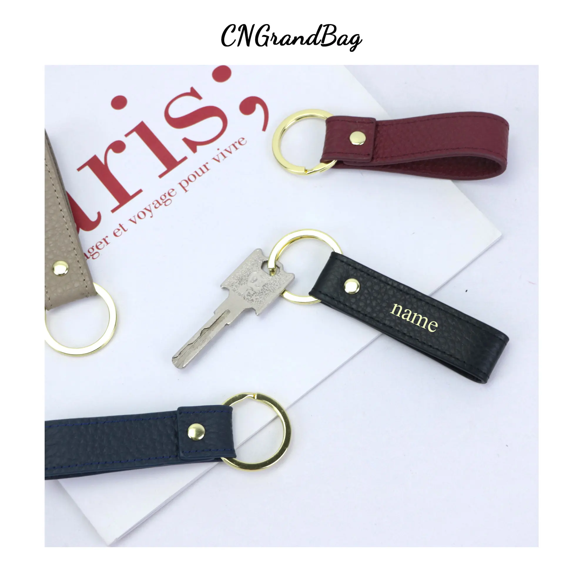 Leather Keychain Free Initial Letters Key Holder For Women Men Car Key Pebble Pattern High Grade Keychain Ring