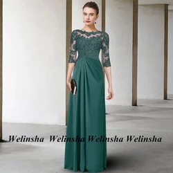 Emerald Green Mother of The Bride Dress Elegant Half Sleeves Scoop Neck Applique Floor Length A Line Chiffon Wedding Guest Gown