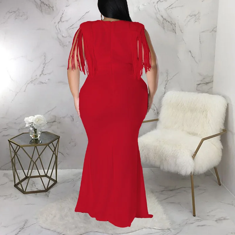 Temperament Back Zipper Slim Plus Size Party Dress Summer Women Sexy V-Neck Patchwork Tassel Sleeveless Bag Hip Maxi Long Dress