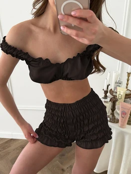 HiLoc Sexy Satin Sleepwear women's pajamas Crop Top Vest With Ruch Elastic Waist Shorts 2 Piece Sets Women Home Solid Suits
