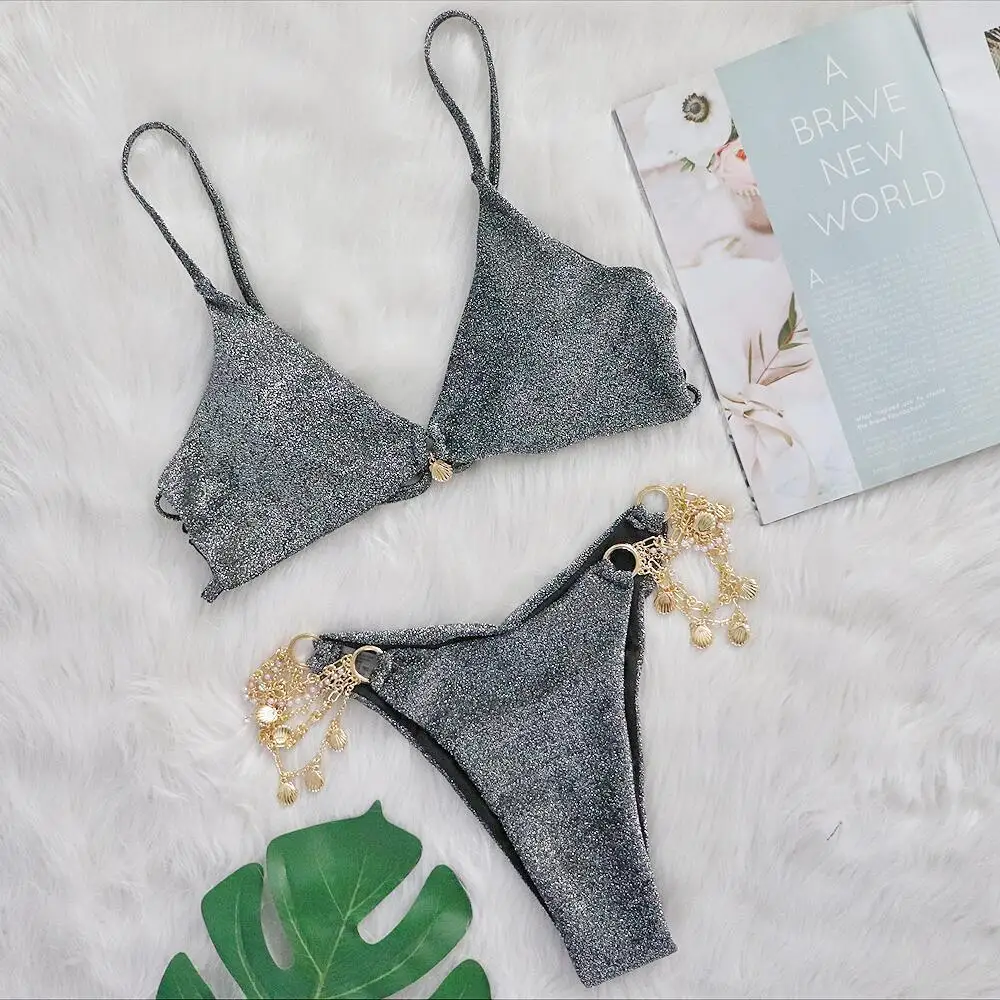 Triangle Bikini Set Decorated With Seashell Swimsuit Women Swimwear Female Sexy Bathers Bathing Swimming Swim Suit Beachwear