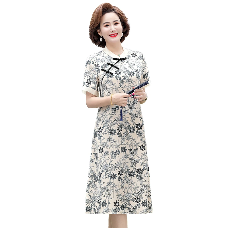 

Women Summer Dresses retro Middle Age Mother Short sleeve cheongsam improved print Party Beach Vestidos