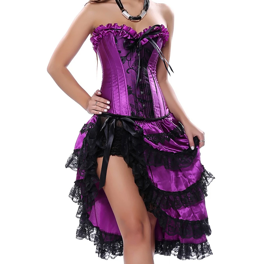 

Gothic Satin Bustier Corset Women Burlesque Dancer Dress Shapers Bustier Dress Lingerie Show girl Layed Lace Skirt Plus