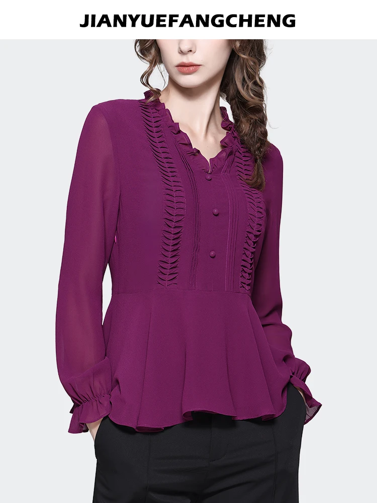 Magenta Chiffon Top Women' Long Sleeve V-neck Ruffles Blouse