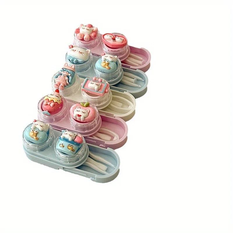 Cartoon Cat Contact Lens Case Portable Mini Drawer Plastic Travel Daily Storage for Women Girls