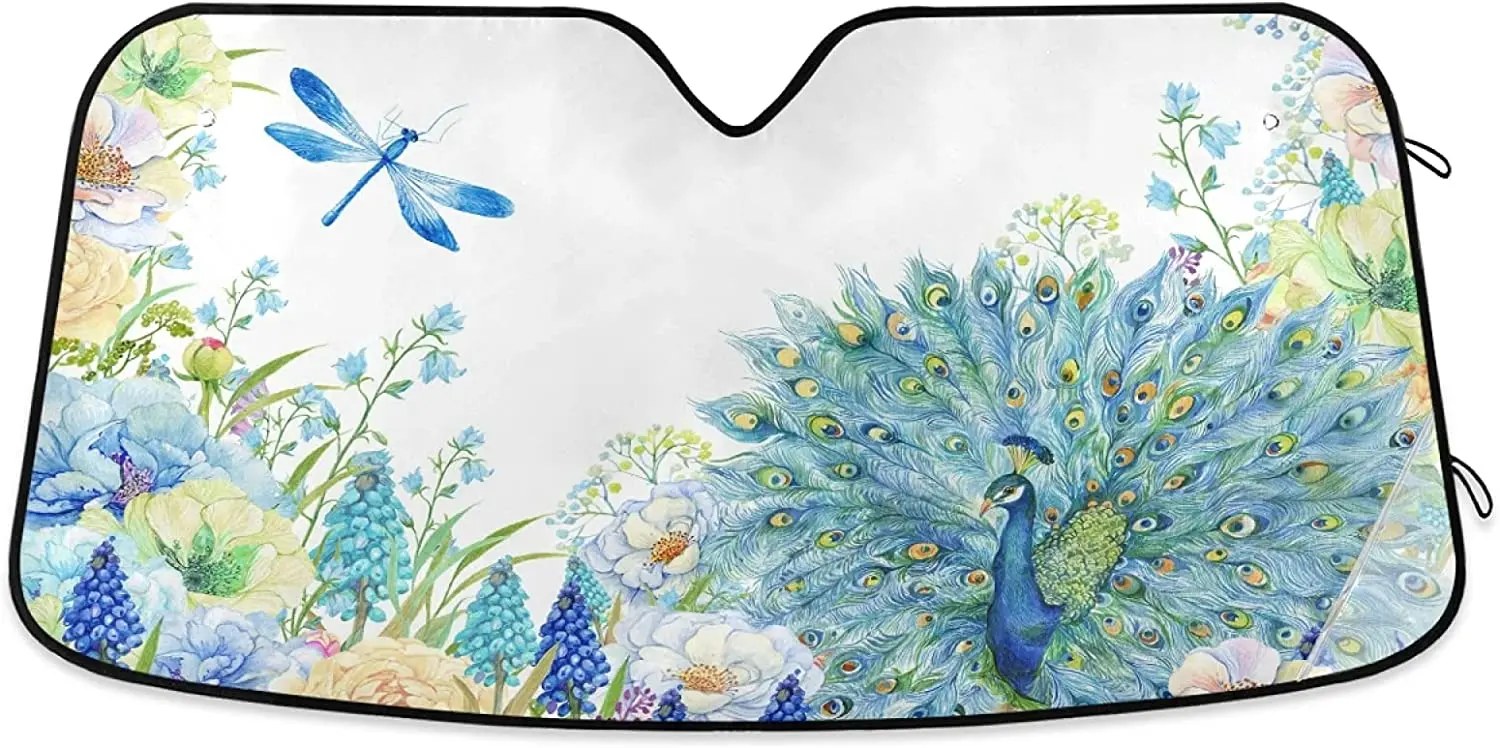 

Blue Peacock Dragonfly Flowers Car Windshield Sunshades Open Tail Floral Sun Shade Reflective UV Rays Protector Keep Cool Visor