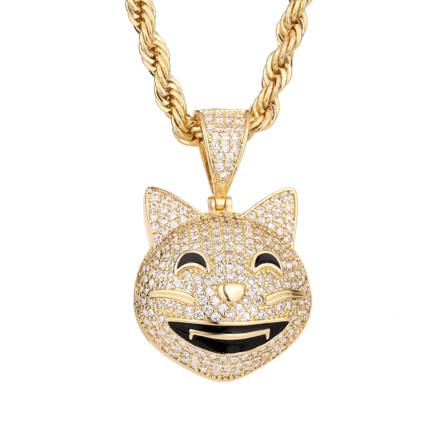 

Europe and America Hip Hop Necklace Cat Maneki-neko Zircon Jewelry Emoji Expression Pendant Genuine Gold Plating