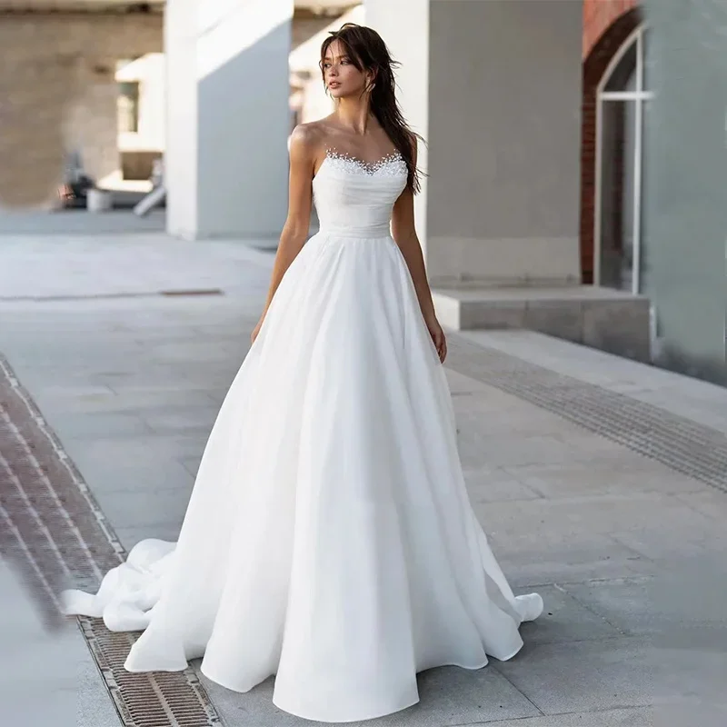 

Luxury Illusion Sweetheart Neck Boho Wedding Dresses Ruched Sleeveless A Line Bridal Gowns With Pearls Beads Robes De Mariage