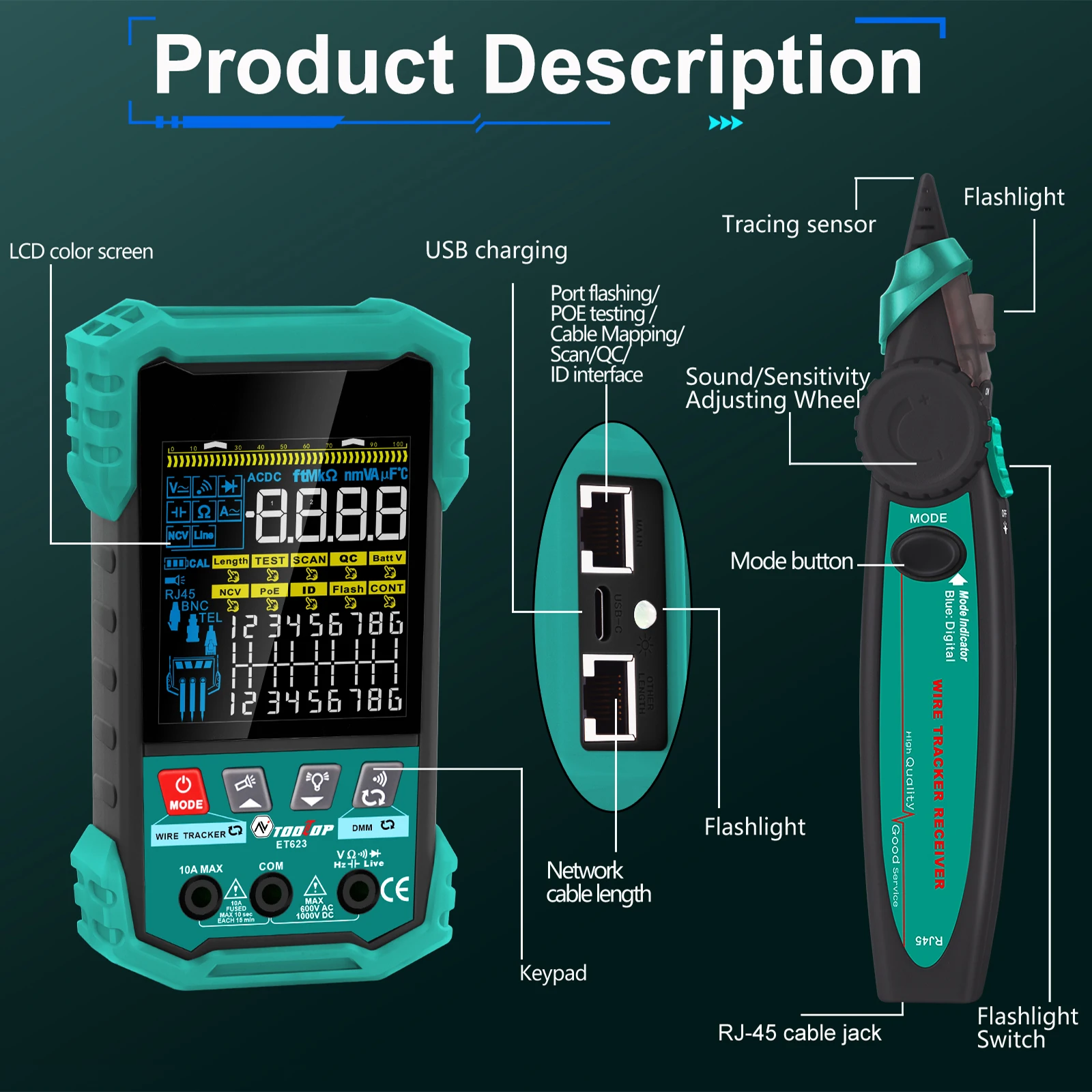 400M Network Cable Tester POE Test Cable Mapping AC/DC Multimeter Network Cable