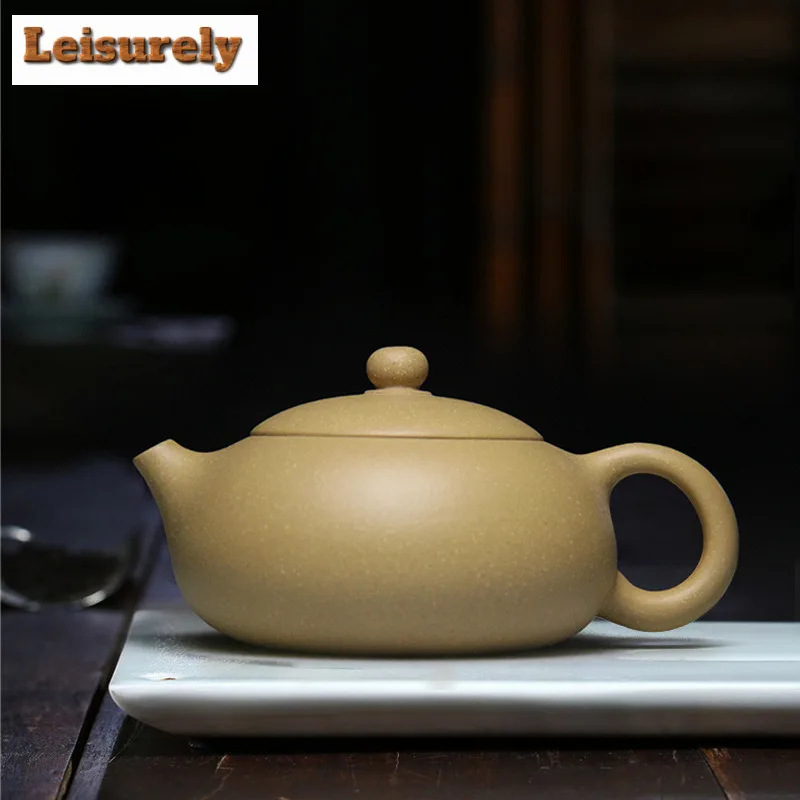 215ml Ancient Yixing Purple Clay Teapots Handmade Flat Xishi Pot Raw Ore Gold Section Mud Tea Making Kettle Zisha Tea Set Craft