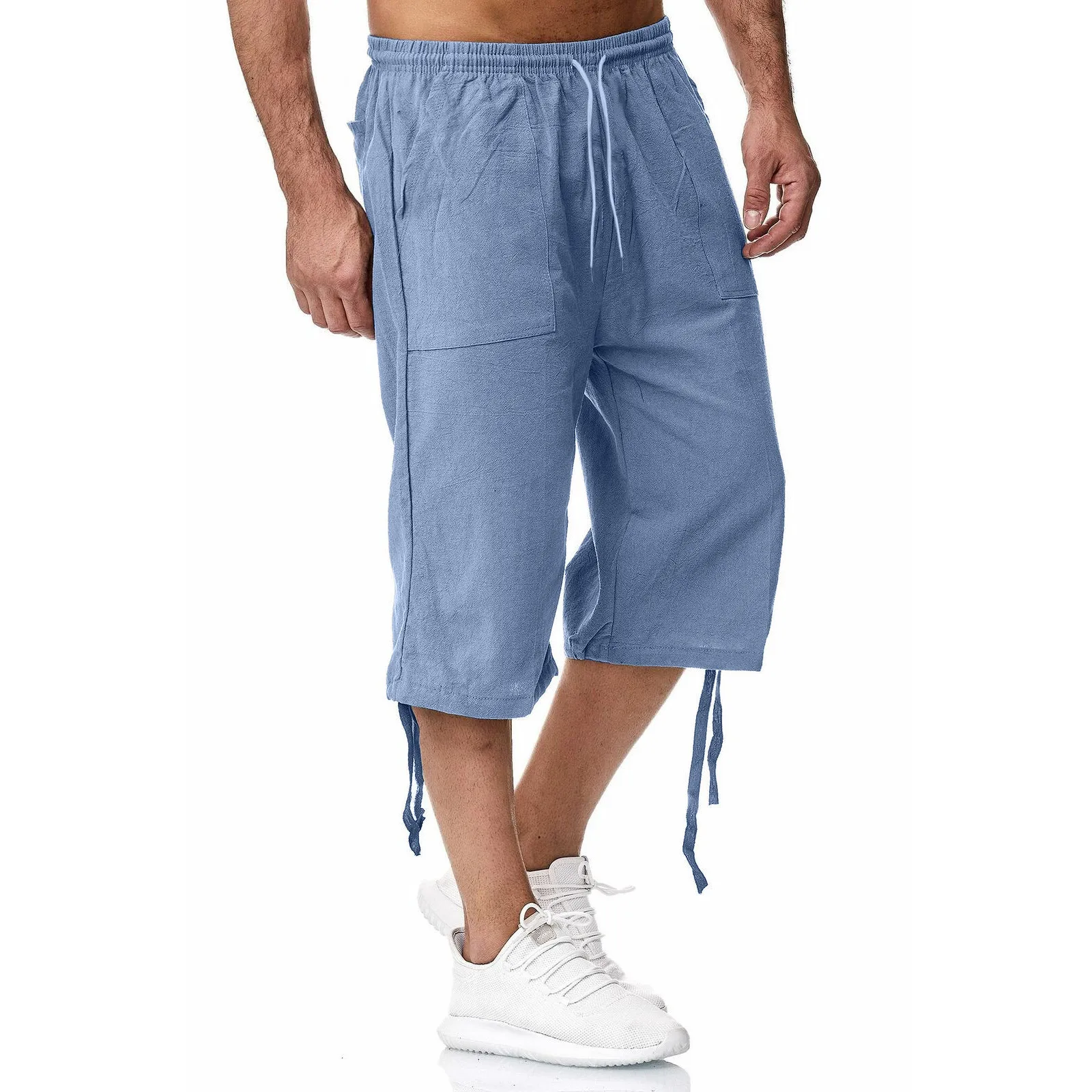 Men pants Men summer cropped baggy drawstring imitation linen pants