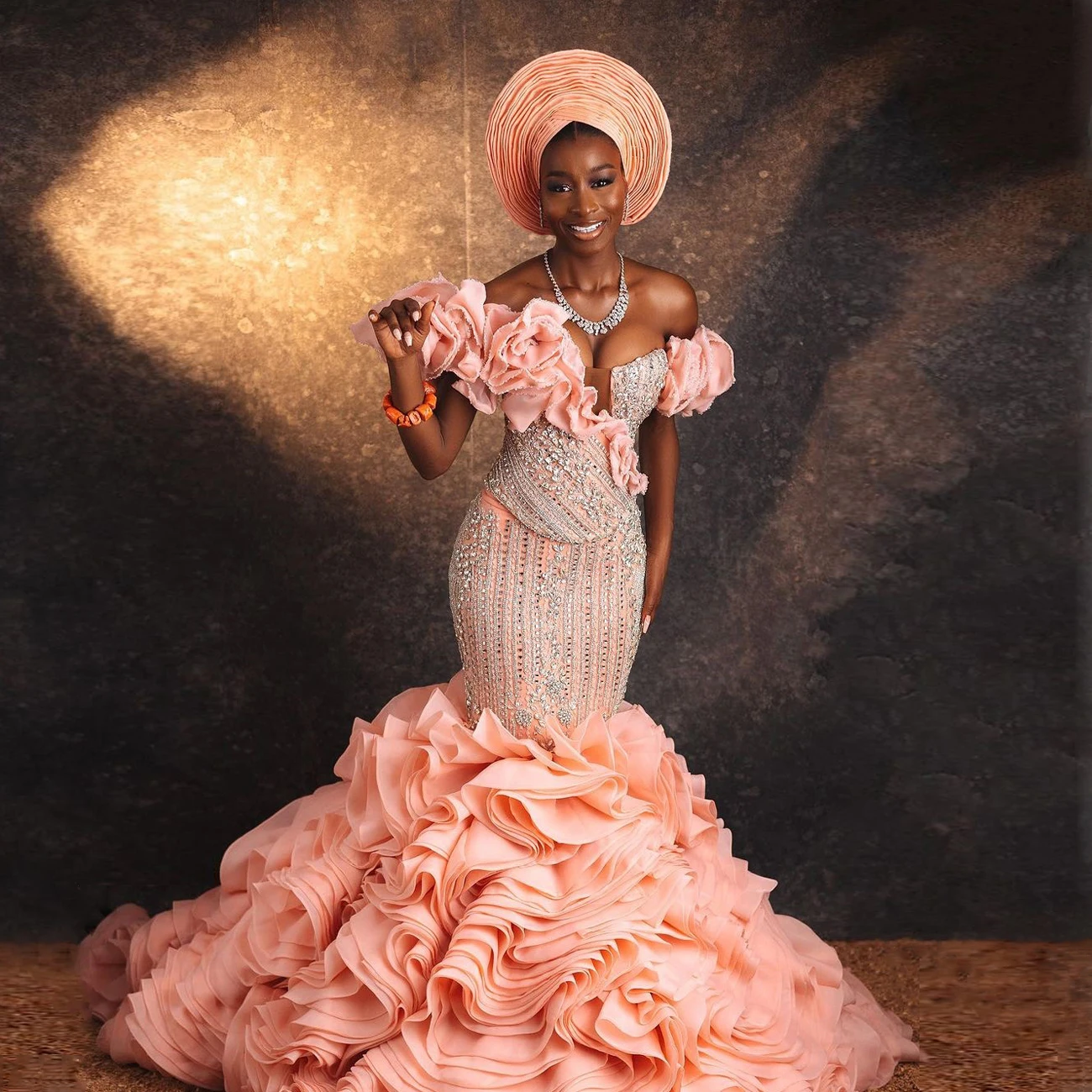 

African Traditional Bridal Dress Luxury Beaded Ruffles Mermaid Formal Prom Dresses Asoebi Style Wedding Party Dress Ankara Gown