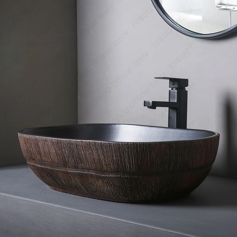Ceramic Table Sink Bathroom Balcony Countertop Vessel Sink Oval Above Counter Wash Basin Lavatory Vanity Sink Brown Art Basin 5