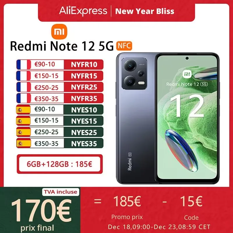 Xiaomi-SmartPhone Redmi Note 12 5G, NFC,6GB/128GB, 6,67 «amoed FHD +, 120Hz,Snapdragon® 4, 33W de carga rápida, 5000 mAh, edición Global