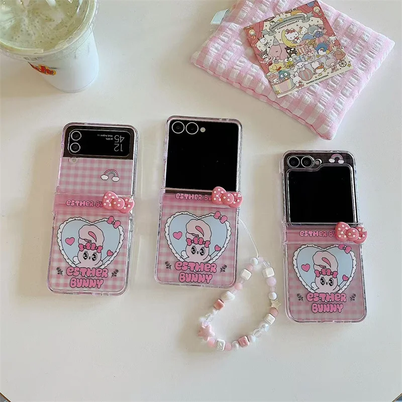 Korean Cute Bow Rabbit Phone Case with Chain and Hinge  - Kawaii  Cover