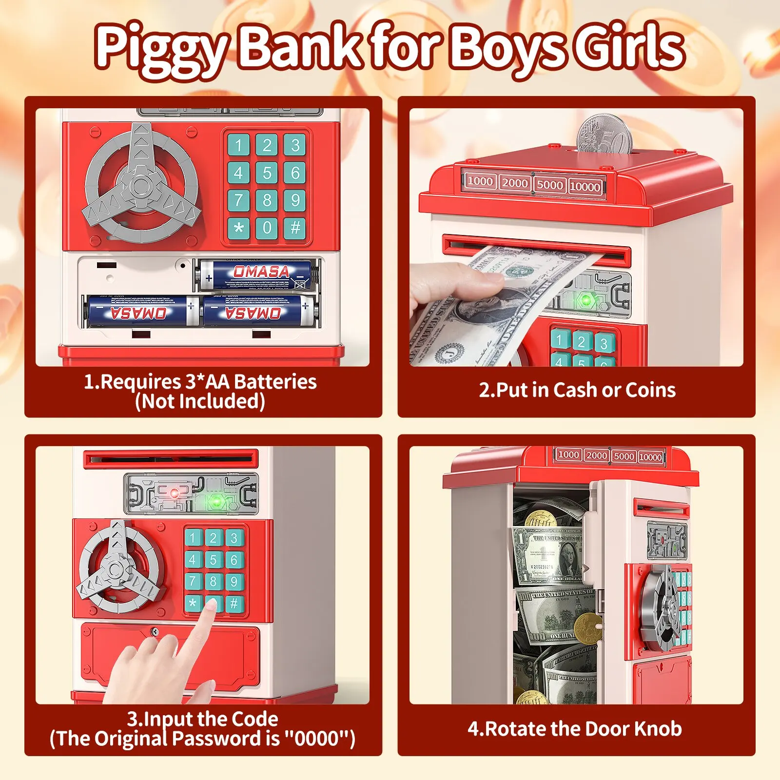 Large Electronic Money Coin Banks with Password Protection, Automatic Paper Money Scroll Saving Box, Great Gift for Kids Age 3+ 4
