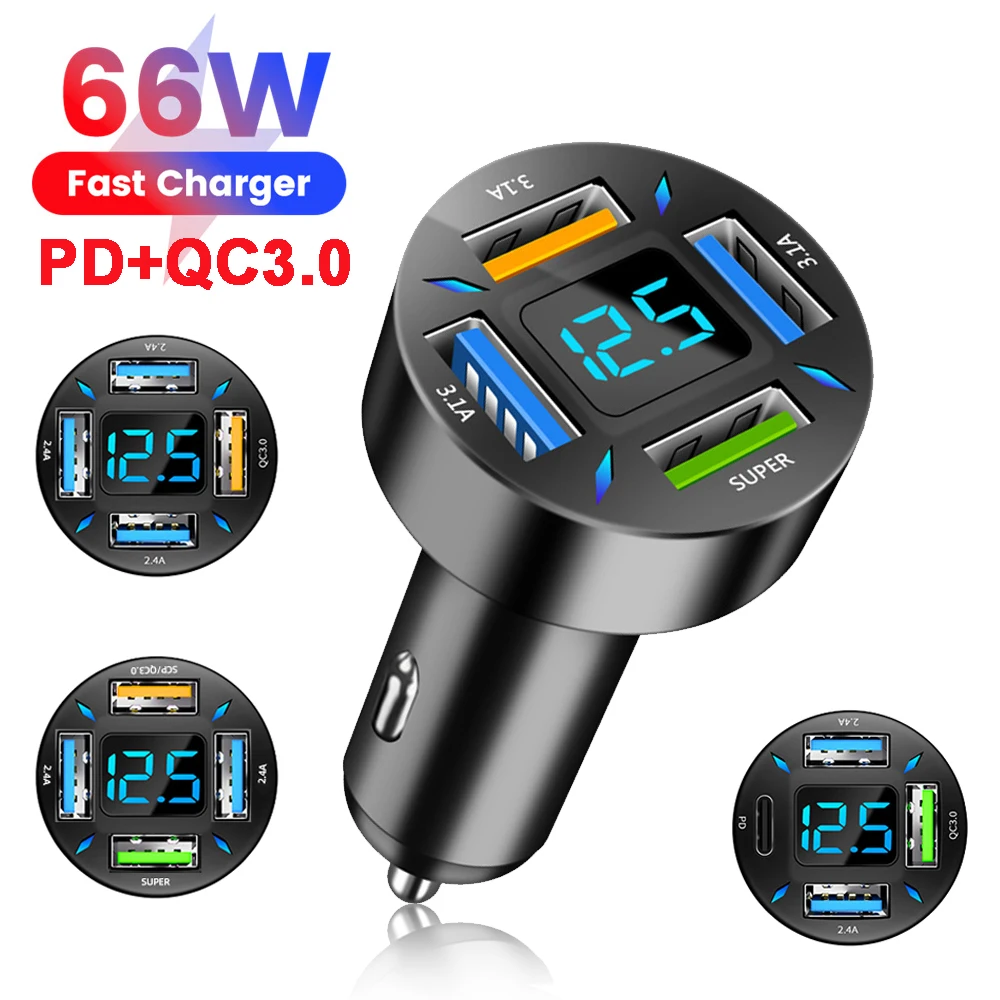 

66W Car Charger Fast Charging PD QC3.0 With Voltmeter Cigarette Lighter Socket Power Adapter For iPhone 11 12 Samsung Xiaomi ZW