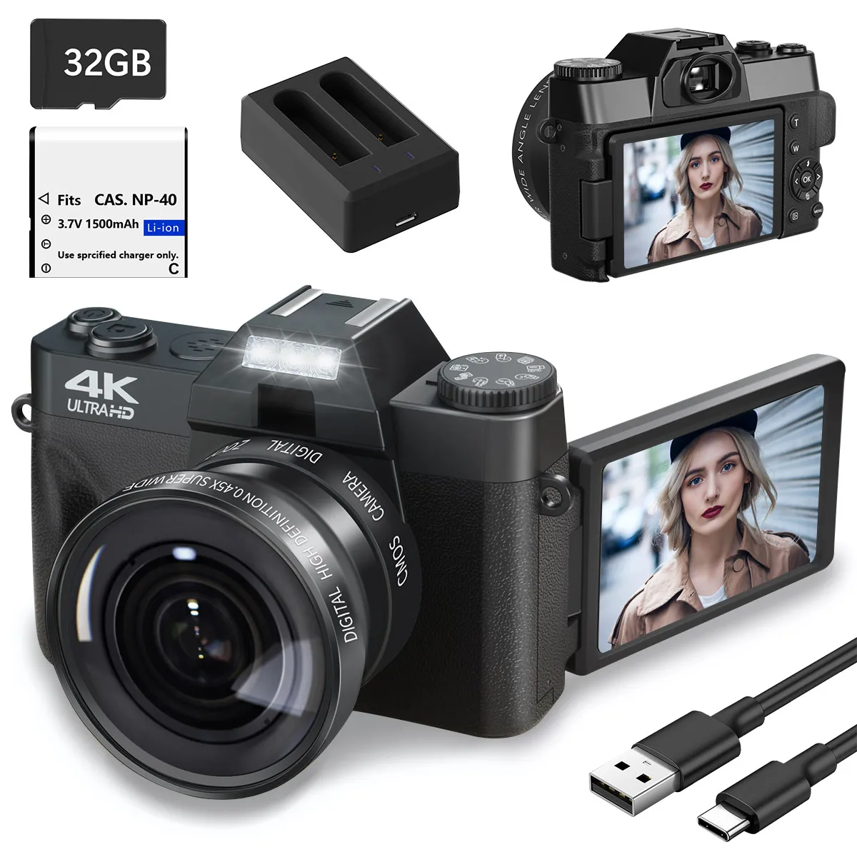 4K 56MP HD Digital Camera, Vlogging Camera, 16X Digital Zoom 3'' 180&deg; Flip Screen with Wide-Angle&amp;Macro Lens WIFI Function
