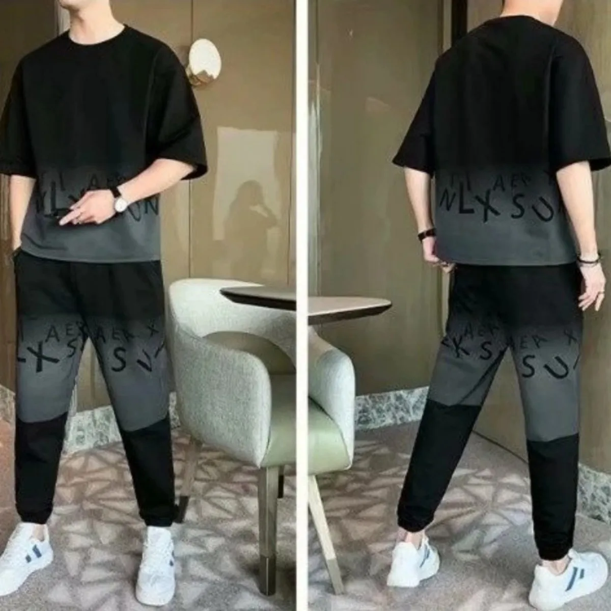Summer men's gradient letter print pattern breathable round neck T-shirt pants set outdoor casual two-piece set S1ec54991a0334c39a3849ee3c6d60399j