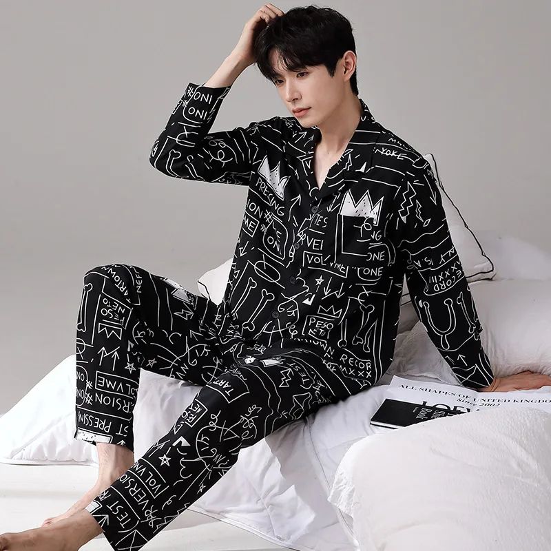 Spring Autumn Men's Thin Ice Silk Pajamas Lapel Long Sleeve Cardigan Pants Casual Home Clothing Set Luxury Printed Sleepwear