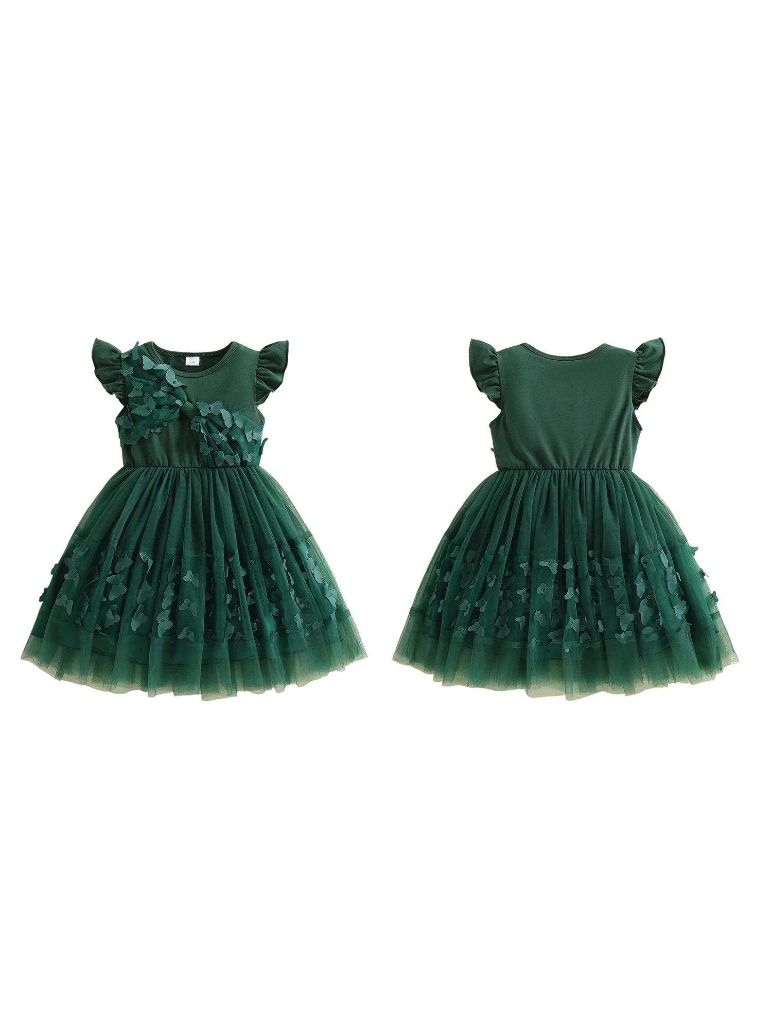 Adorable Baby Girl Summer Dress with A-Line Silhouette Butterfly Embellishments Crew Neck and Fluttery Mesh Sleeves