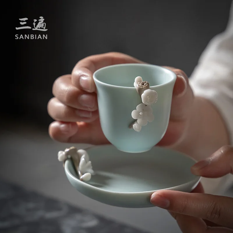 

★★Jingdezhen Ru Ware Tea Cup Master Cup Single Cup Ceramic Plum Blossom Tea Cup Tea Cup Ru-Porcelain Kung Fu Tea Teaware
