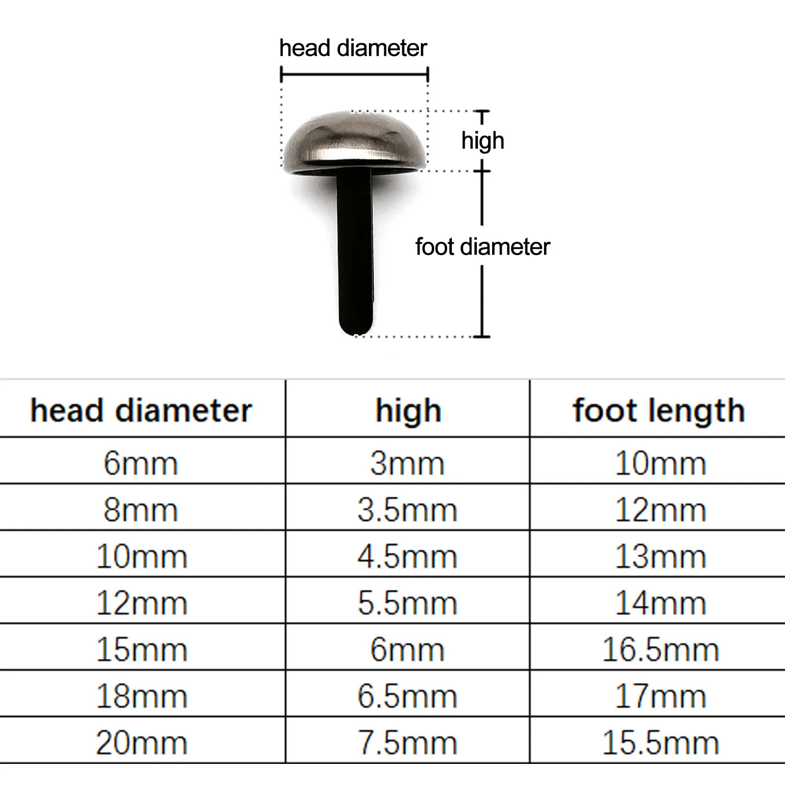 6mm to 20mm metal rivets Two-legged Feet Pierced Rivet Stud Spike Spot Nail 50pcs for Leather Craft Bag Handbag Bottom Protect DIY Hand Work