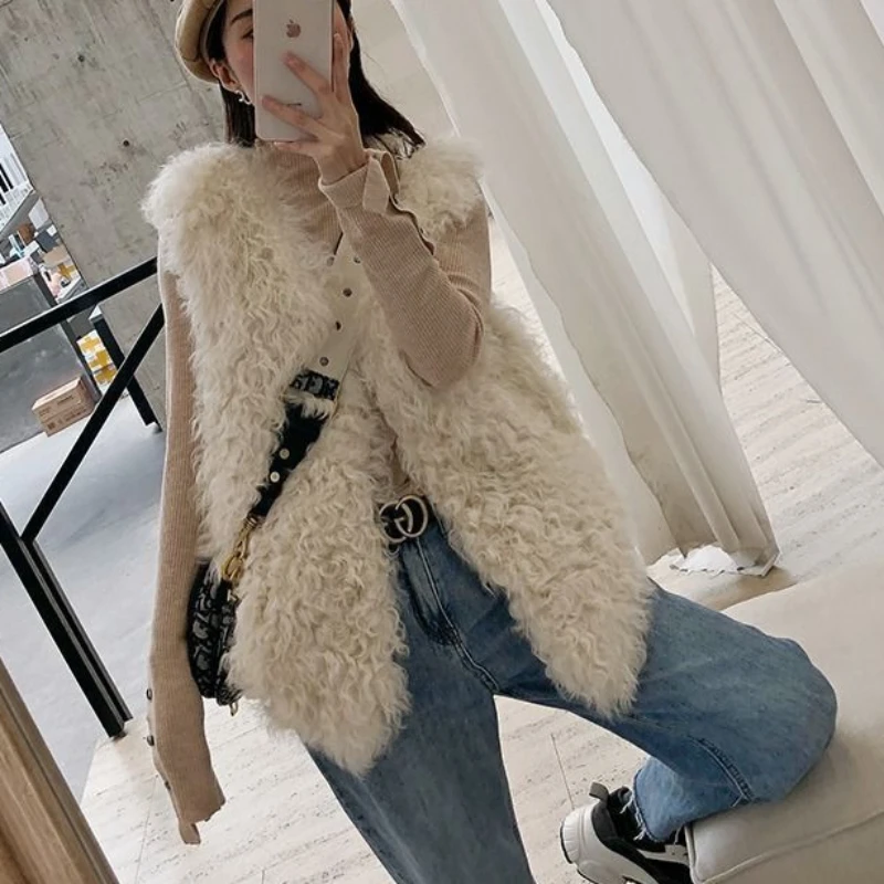 

Faux Fur Vest Jackets Women Autumn Winter Coats Mid Length Coats Sleeveless Spliced Thick Coat Slim Casual Open Stitch Jacket