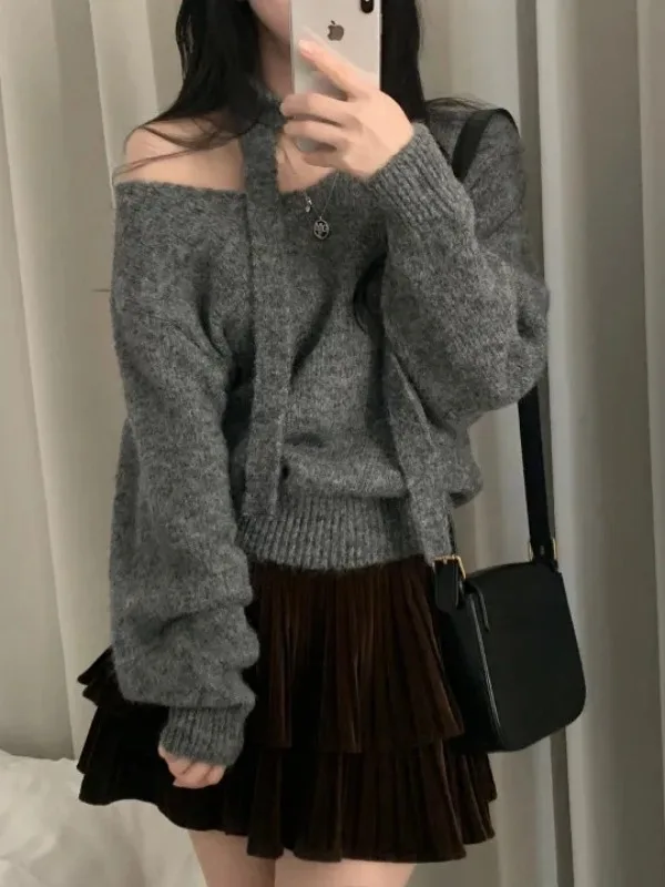 Chic Winter Knitted oulder Bared Long Sve Loose Fit One oulder Design Warm Soft Sle Commute Faion Women's Sweater