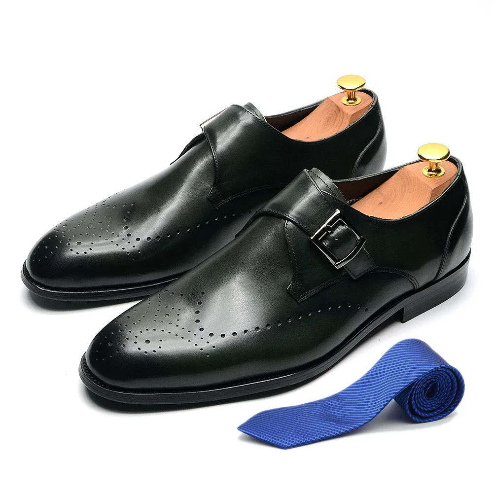 Elegant Mens Monk Strap Dress Shoes Genuine Leather Single Buckle Loafer Brogue Party Wedding Formal