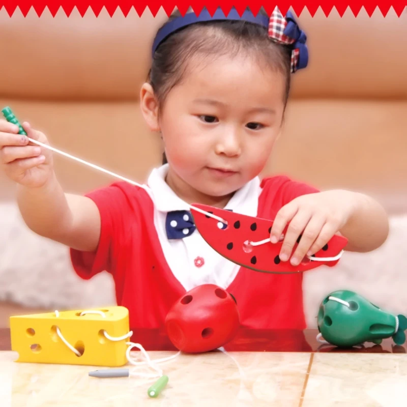 Kids Wooden Threading Montessori Toys Mouse Cheese Lacing Game Educational Toy
