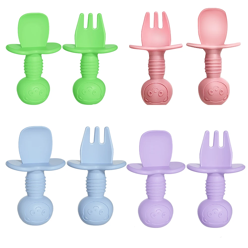 Food Grade Infant Soft Silicone Feeding Tableware Toddler Kids Cartoon Panda Mini Training Fork Spoon Set Baby Accessories
