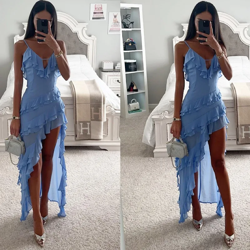 

Irregular Ruffles Spaghetti Strap Party Dresses For Women Sexy Low Cut Backless Slit Evening Dress Elegant Prom Vestido Feminino