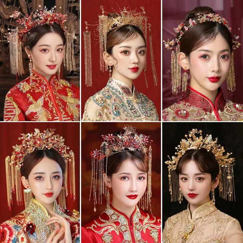 

Chinese Crowns for Women Traditional Wedding Bride Hair Accessories Handmade Gold Tiaras Bridal Crown Headband Set Hair Jewelry