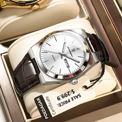 Luxury Men's Quartz Watch with Leather Strap - Waterproof, Luminous, Date Function, Includes Gift Box (930 Silver White)