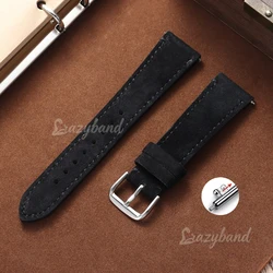 Premium Suede Leather Watch Strap - Brown, Black, Blue - Silver Buckle (Black)
