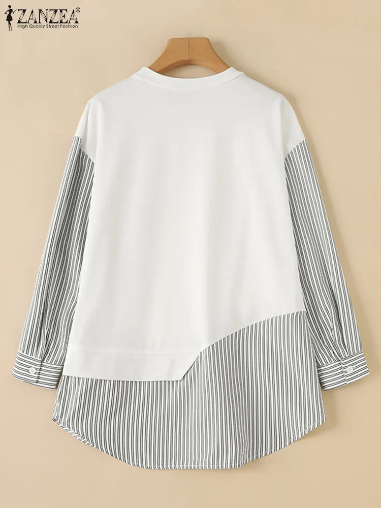 2024 ZANZEA Casual Stripe Patchwork Sweatshirts Fashion Button Cuffs Hoodies Long Sleeve O-Neck Pullover Woman Elegant Chemise