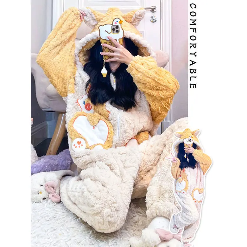 Loose Coral Fleece Jumpsuit Pajama Winter Warm Cartoon Sleepwear Onepieces Nightwear Thickened Flannel Cosplay Rabbit Home Wear