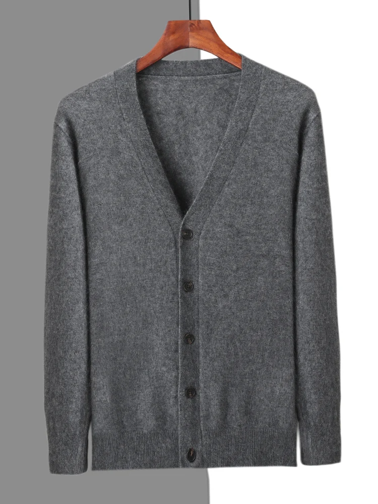Spring Autumn Men V-neck Cardigan 100% Mink Cashmere Sweater Smart Casual Solid Comfort Cashmere Knitwear Korean Popular Clothes 2