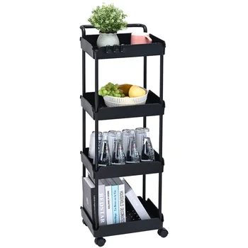 VEVOR Carrello Multiuso 4 Ripiani a Rotelle Carrello Portaoggetti 370 x 355 x 1065mm Ruote Bloccabili con Maniglia, Carrello Mobile Materiale PP Portaoggetti Salvaspazio per Ufficio Cucina Colore Nero 1